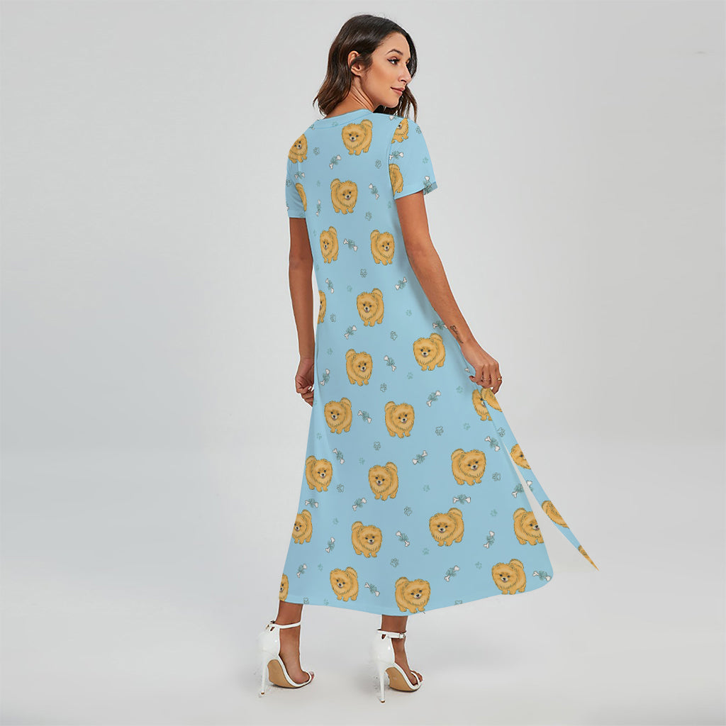 Cartoon Pomeranian Pattern Print Short Sleeve Maxi Dress