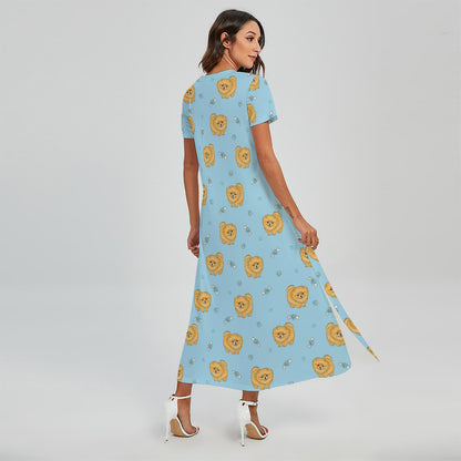 Cartoon Pomeranian Pattern Print Short Sleeve Maxi Dress