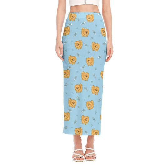 Cartoon Pomeranian Pattern Print Side Slit Maxi Skirt