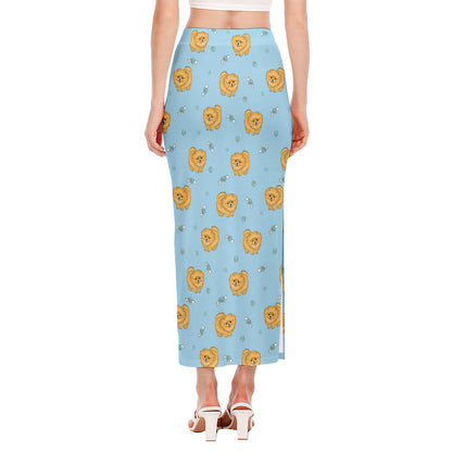 Cartoon Pomeranian Pattern Print Side Slit Maxi Skirt