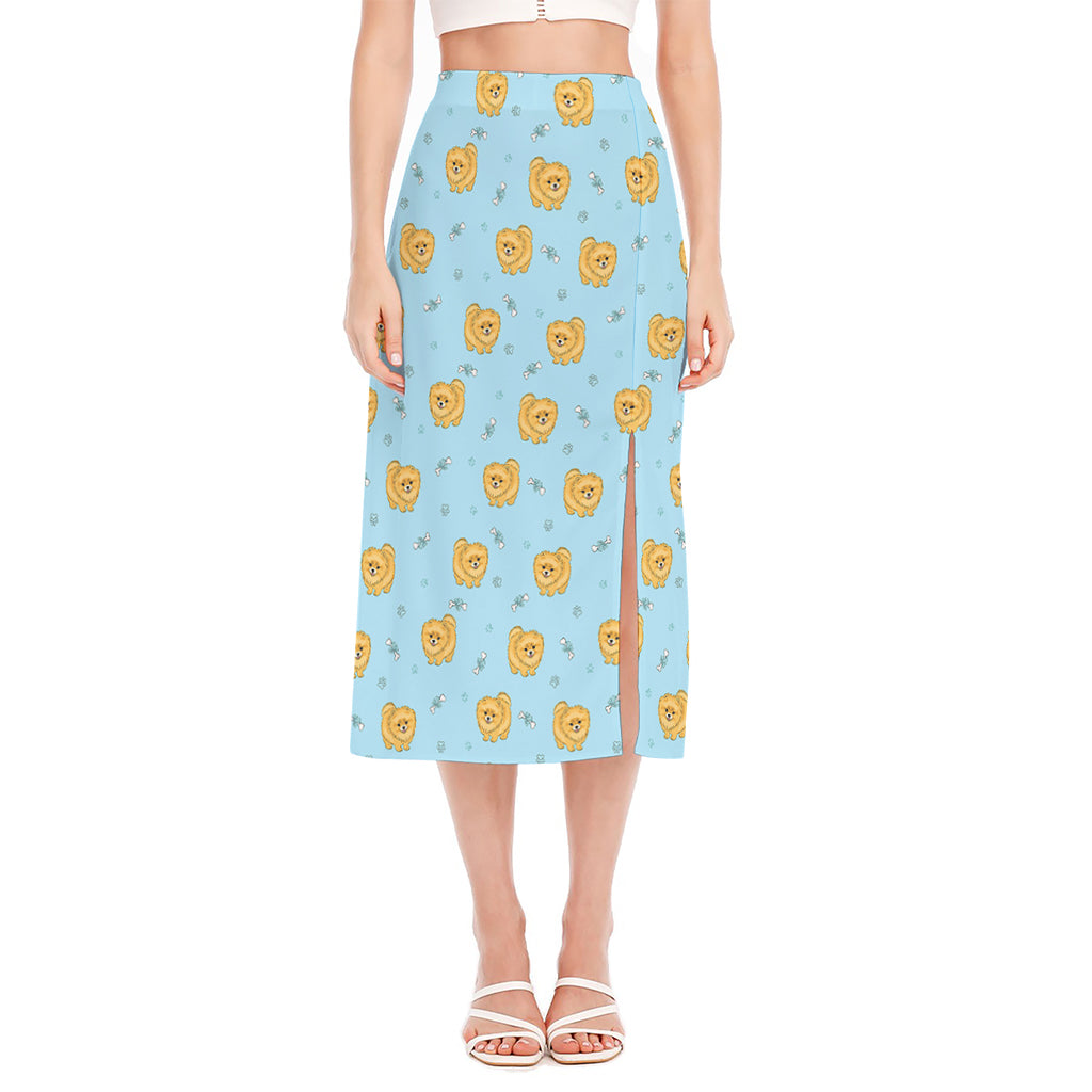 Cartoon Pomeranian Pattern Print Side Slit Midi Skirt