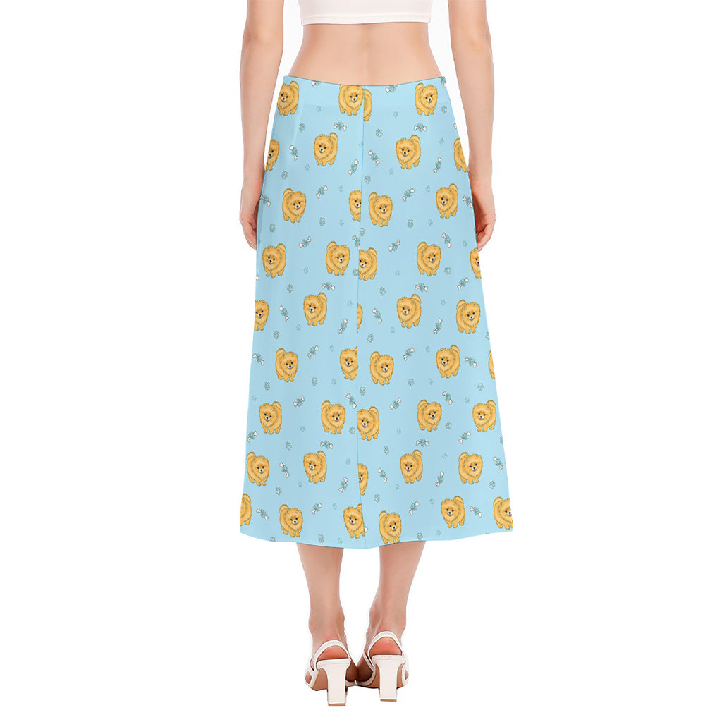 Cartoon Pomeranian Pattern Print Side Slit Midi Skirt