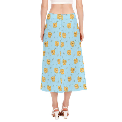 Cartoon Pomeranian Pattern Print Side Slit Midi Skirt
