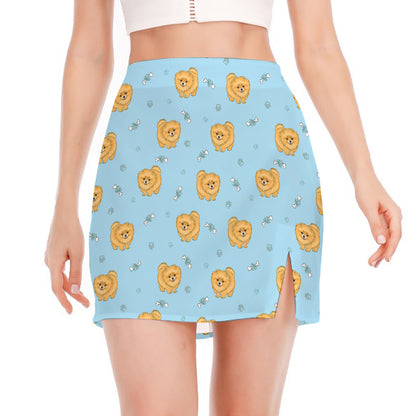 Cartoon Pomeranian Pattern Print Side Slit Mini Skirt