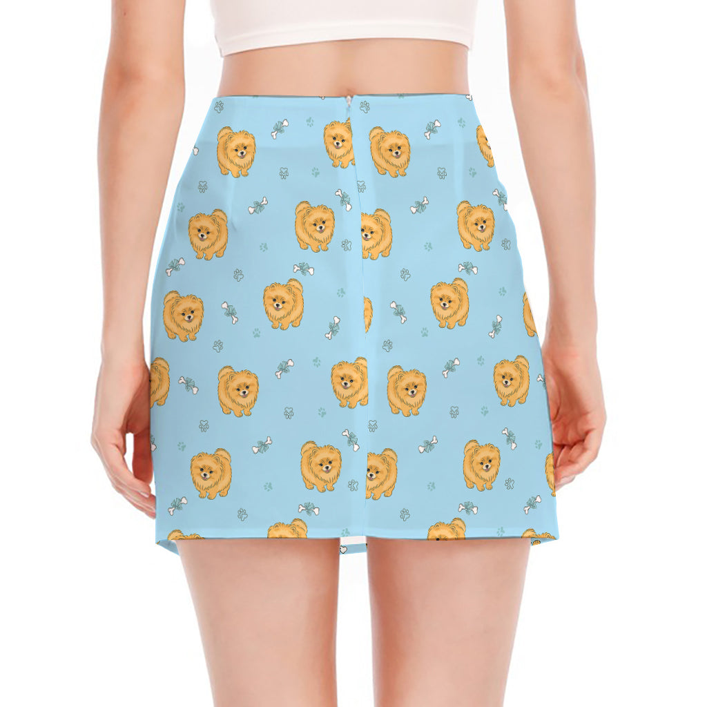 Cartoon Pomeranian Pattern Print Side Slit Mini Skirt