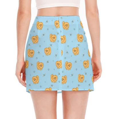 Cartoon Pomeranian Pattern Print Side Slit Mini Skirt