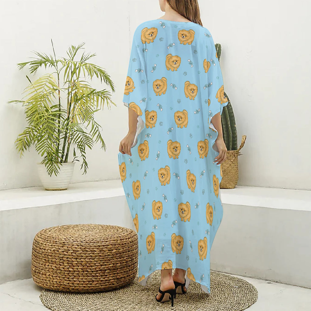 Cartoon Pomeranian Pattern Print Silk V-Neck Kaftan Dress