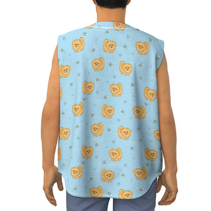 Cartoon Pomeranian Pattern Print Sleeveless Baseball Jersey