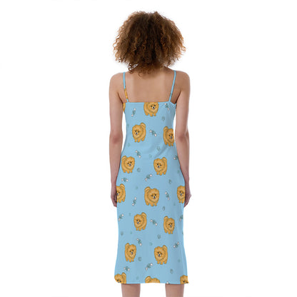 Cartoon Pomeranian Pattern Print Slim Fit Midi Cami Dress