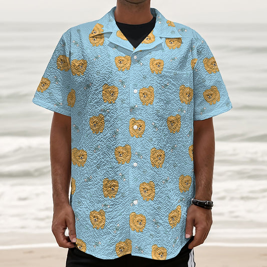 Cartoon Pomeranian Pattern Print Textured Short Sleeve Shirt