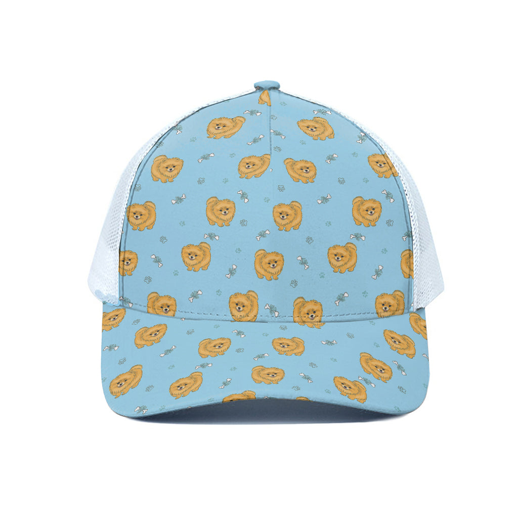Cartoon Pomeranian Pattern Print White Mesh Trucker Cap