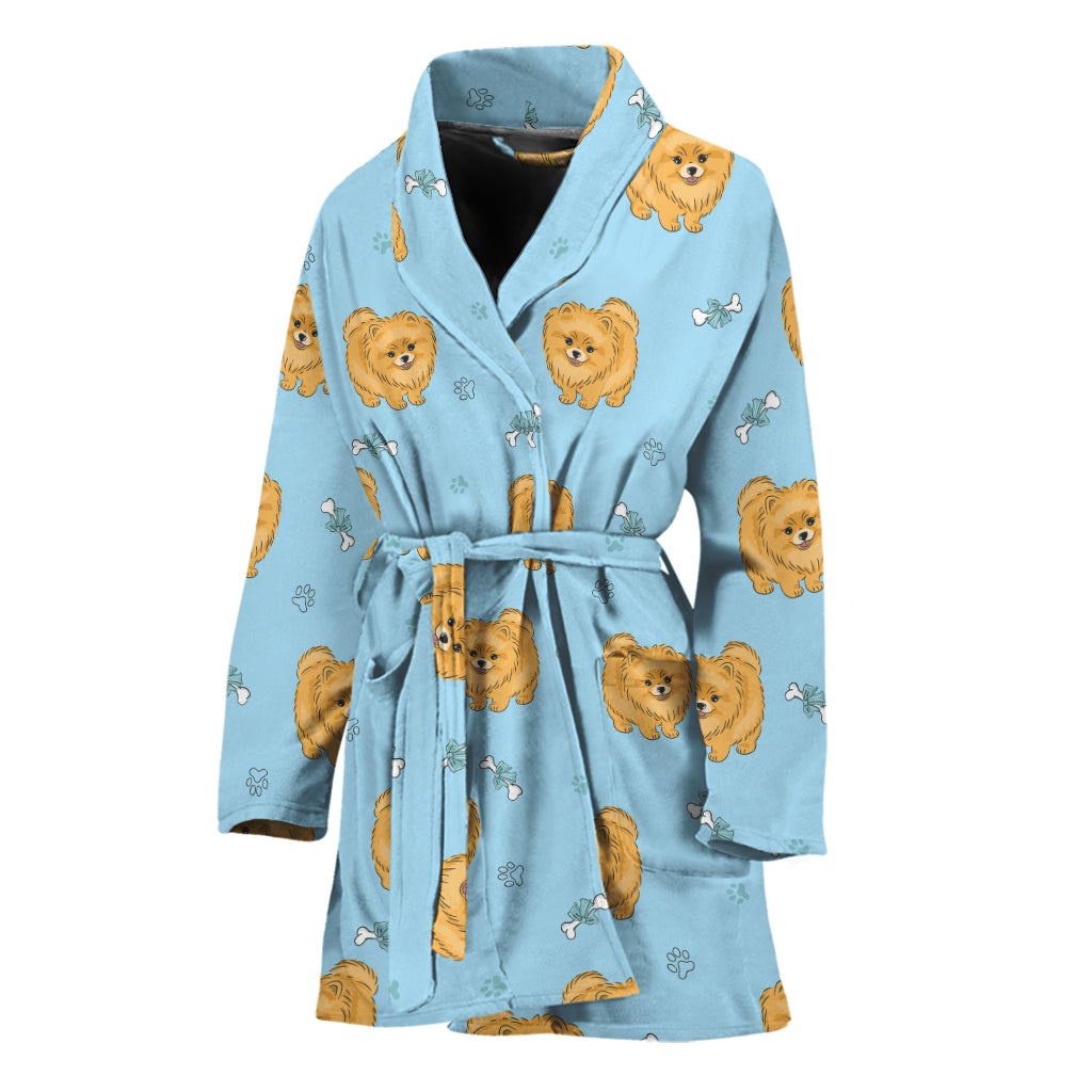 Cartoon Pomeranian Pattern Print Women's Bathrobe
