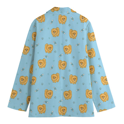 Cartoon Pomeranian Pattern Print Women's Blazer