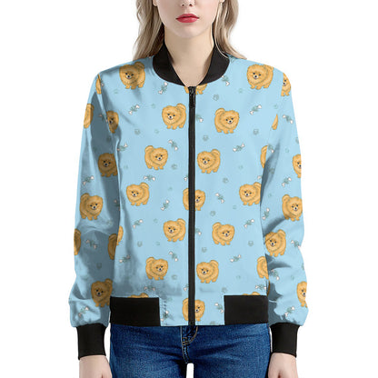 Cartoon Pomeranian Pattern Print Women's Bomber Jacket