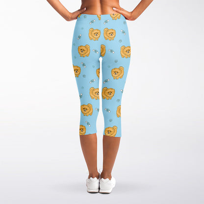 Cartoon Pomeranian Pattern Print Women's Capri Leggings