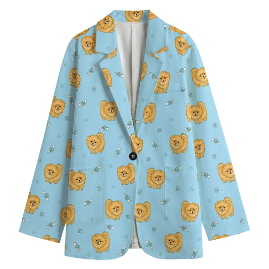 Cartoon Pomeranian Pattern Print Women's Cotton Blazer