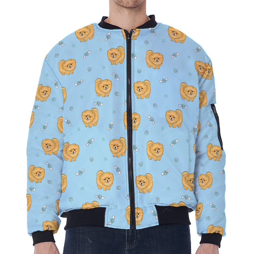 Cartoon Pomeranian Pattern Print Zip Sleeve Bomber Jacket