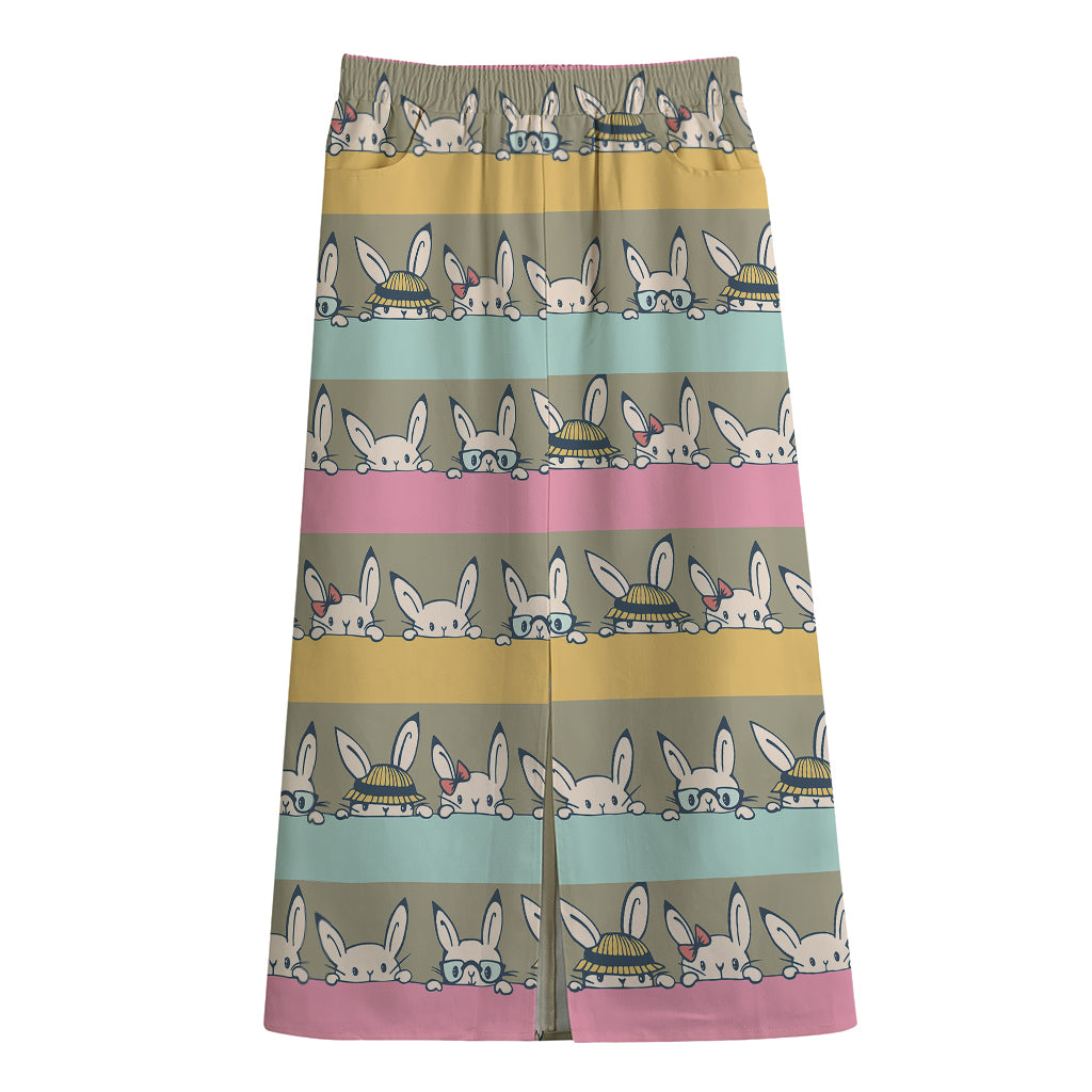Cartoon Rabbit Pattern Print Cotton Front Slit Maxi Skirt