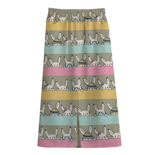 Cartoon Rabbit Pattern Print Cotton Front Slit Maxi Skirt