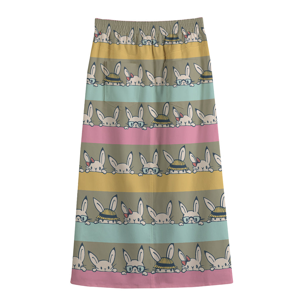 Cartoon Rabbit Pattern Print Cotton Front Slit Maxi Skirt