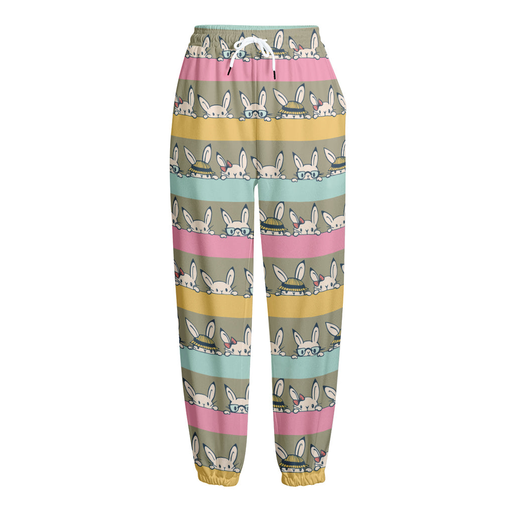 Cartoon Rabbit Pattern Print Fleece Lined Knit Pants
