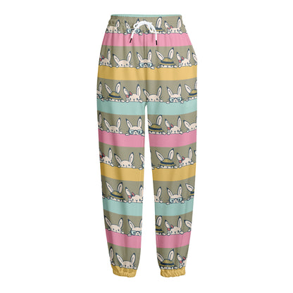 Cartoon Rabbit Pattern Print Fleece Lined Knit Pants