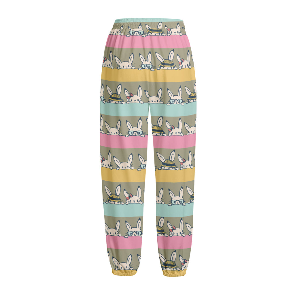 Cartoon Rabbit Pattern Print Fleece Lined Knit Pants