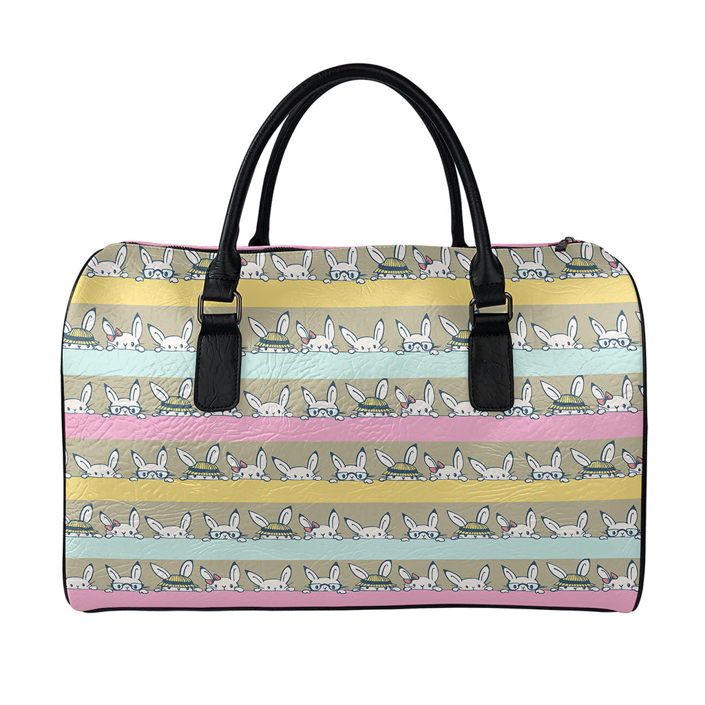 Cartoon Rabbit Pattern Print Leather Duffle Bag