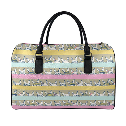 Cartoon Rabbit Pattern Print Leather Duffle Bag