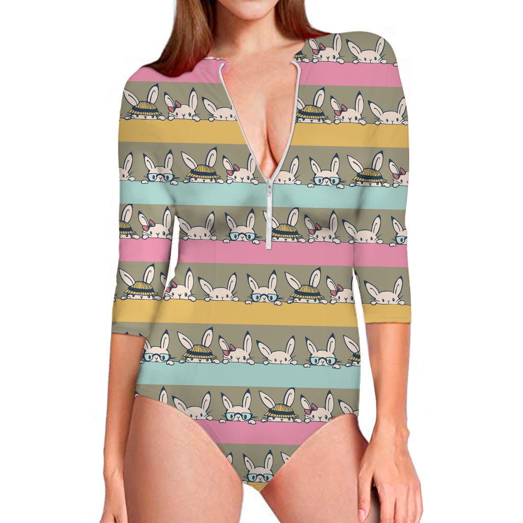 Cartoon Rabbit Pattern Print Long Sleeve Swimsuit