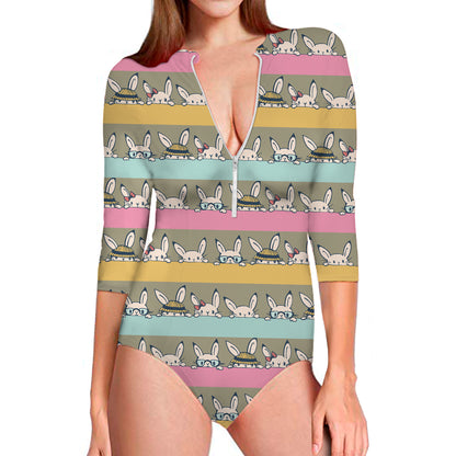 Cartoon Rabbit Pattern Print Long Sleeve Swimsuit