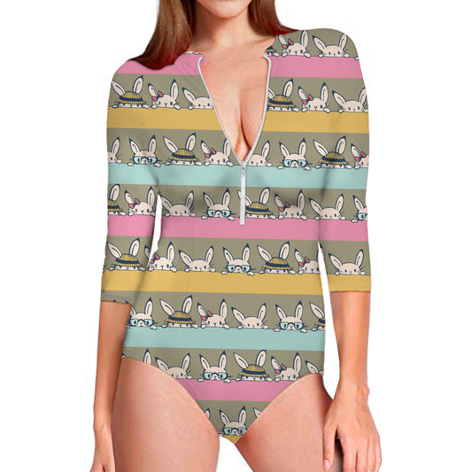 Cartoon Rabbit Pattern Print Long Sleeve Swimsuit