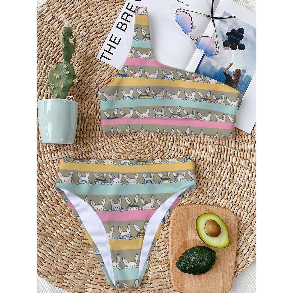Cartoon Rabbit Pattern Print One Shoulder Bikini Top