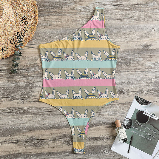 Cartoon Rabbit Pattern Print One Shoulder Bodysuit