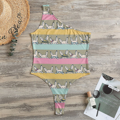 Cartoon Rabbit Pattern Print One Shoulder Bodysuit