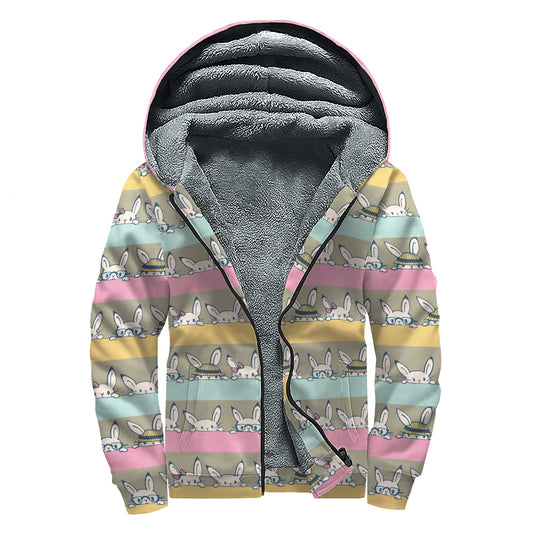 Cartoon Rabbit Pattern Print Sherpa Lined Zip Up Hoodie