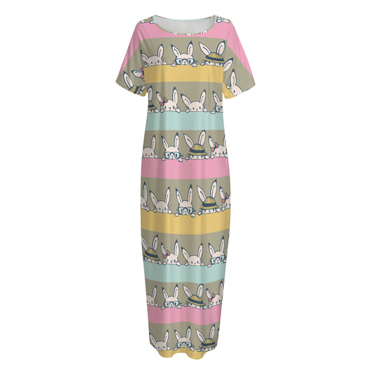 Cartoon Rabbit Pattern Print Short Sleeve Long Nightdress