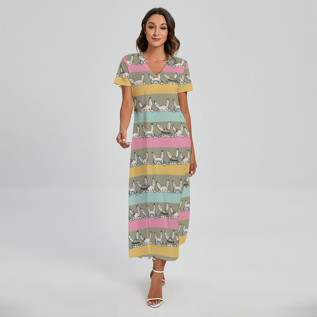 Cartoon Rabbit Pattern Print Short Sleeve Maxi Dress