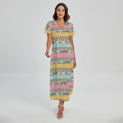 Cartoon Rabbit Pattern Print Short Sleeve Maxi Dress