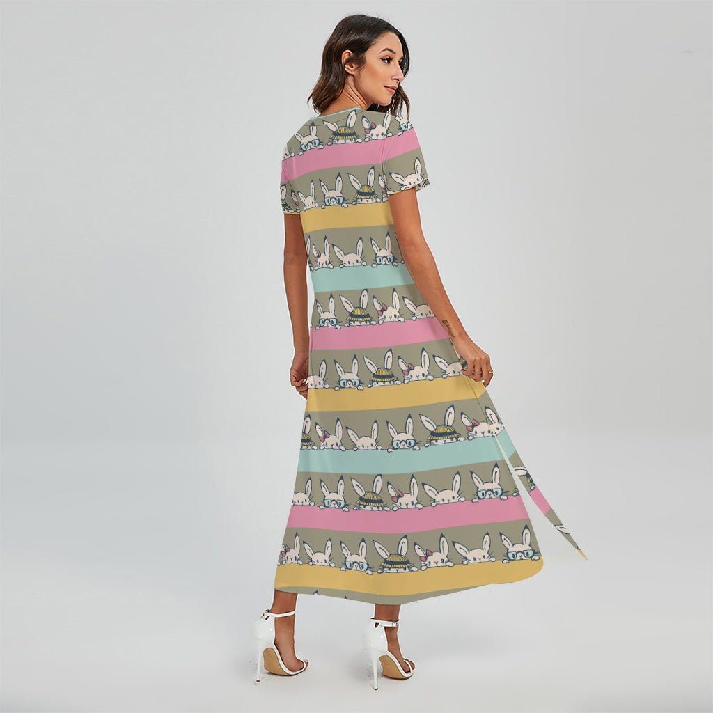 Cartoon Rabbit Pattern Print Short Sleeve Maxi Dress