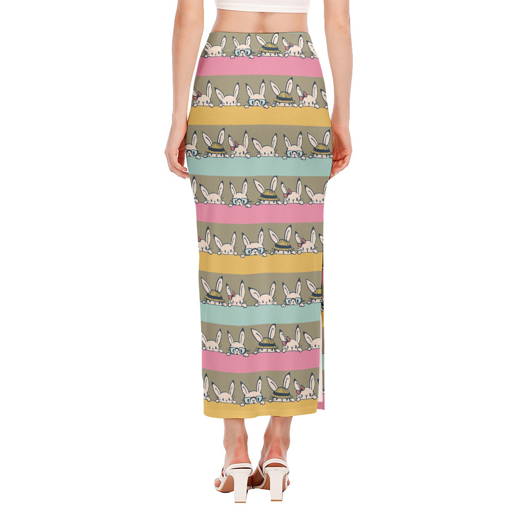 Cartoon Rabbit Pattern Print Side Slit Maxi Skirt
