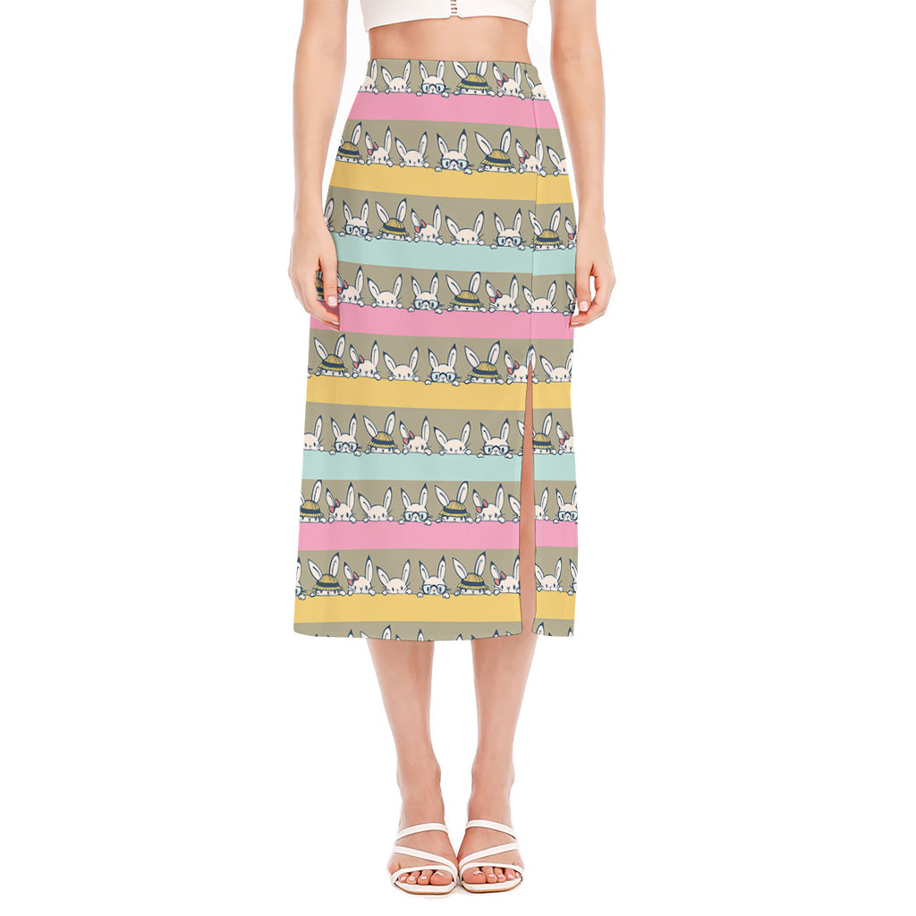 Cartoon Rabbit Pattern Print Side Slit Midi Skirt