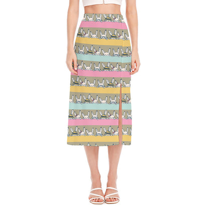 Cartoon Rabbit Pattern Print Side Slit Midi Skirt