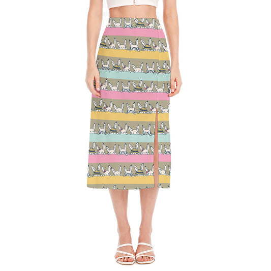 Cartoon Rabbit Pattern Print Side Slit Midi Skirt