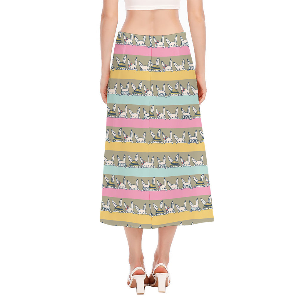 Cartoon Rabbit Pattern Print Side Slit Midi Skirt