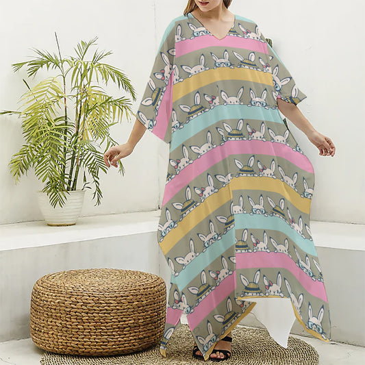 Cartoon Rabbit Pattern Print Silk V-Neck Kaftan Dress