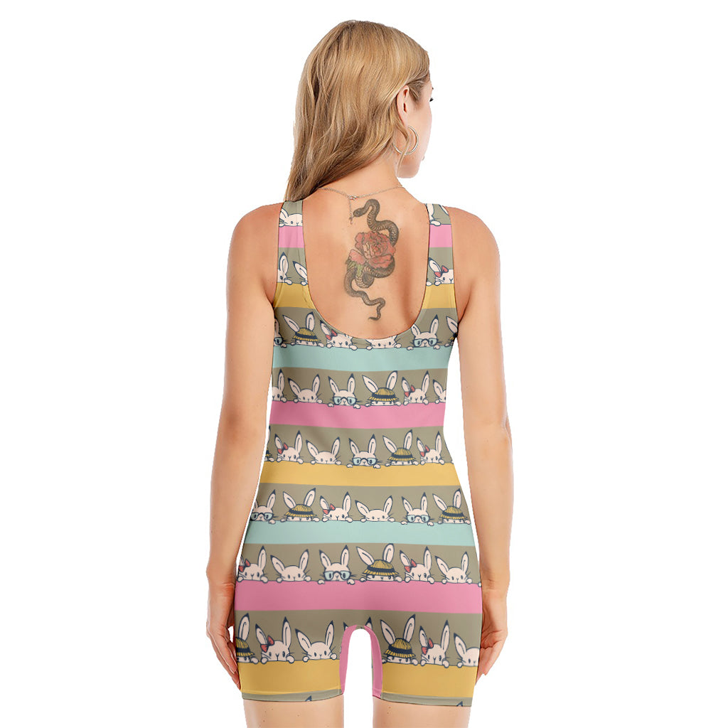 Cartoon Rabbit Pattern Print Sleeveless One Piece Swimsuit
