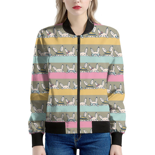 Cartoon Rabbit Pattern Print Women's Bomber Jacket