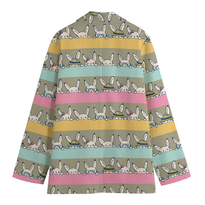 Cartoon Rabbit Pattern Print Women's Cotton Blazer