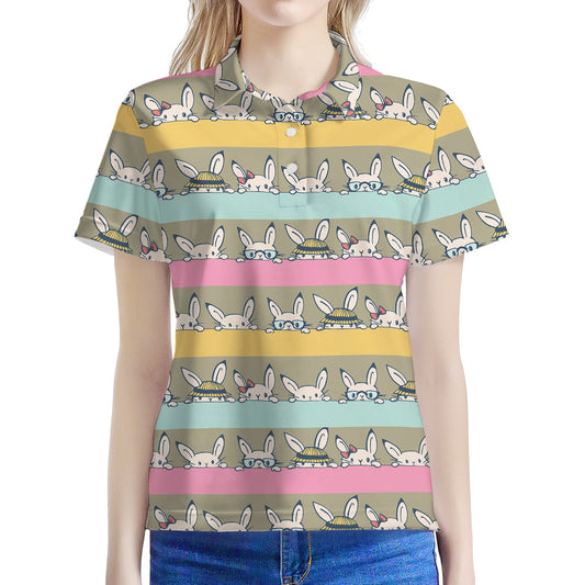 Cartoon Rabbit Pattern Print Women's Polo Shirt